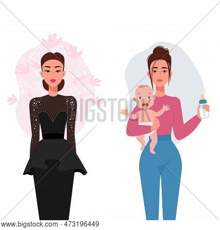 Childfree Concept, Tired Woman With Crying Baby In Arms And Beautiful And Well-groomed Woman In Even
