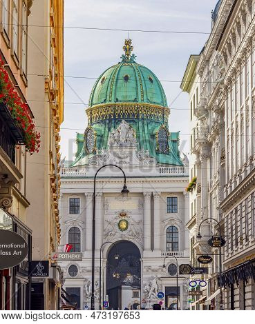 Vienna, Austria - October 2021: Kohlmarkt Shopping Street With Hofburg Palace At Background