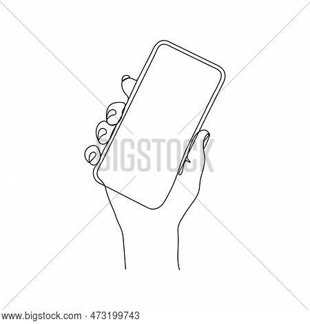 Hand Holding Mobilephone, Smartphone. One Line Art. Person Holding Device. Hand Drawn Vector Illustr