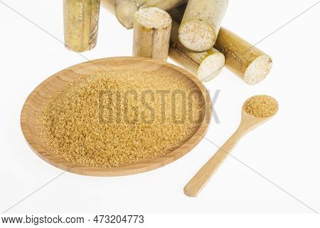 Wooden Dish With Brown Sugar On White Background