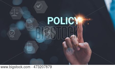 Businessman Pointing At Virtual Icon ,concepts Of Practices And Policies , Document Verification Con