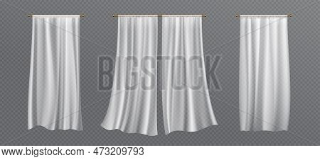 Realistic Set Of White Curtains Hanging Isolated On Transparent Background. Vector Illustration Of S
