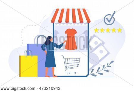 Girl Do Shopping Online, Choose Clothes On Web Shop. Woman Using Mobile Application To Buy Dress. Cl