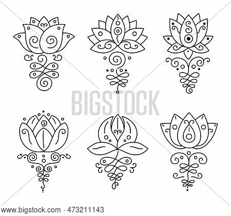 Unalome Lotus. Bohemian Flower Tattoo, Buddhism Life Path Sign And Zen Geometry. Beauty And Wellness