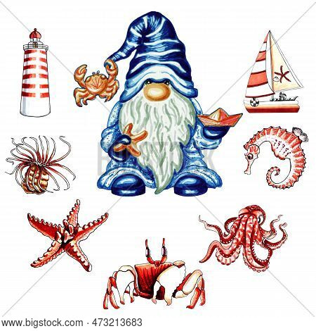 Gnome With Marine Accessories Red-brown Color.
  Jpeg Illustration For Stickers, Creating Patterns, 