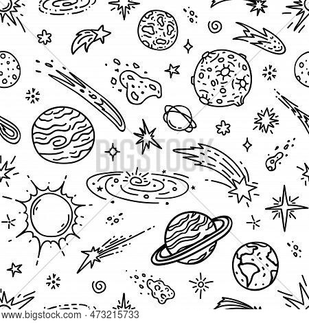 Doodle Space Planets, Stars, Comets And Asteroids Seamless Pattern. Galaxy Universe Vector Backgroun