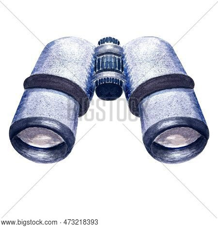 Binoculars Watercolor Illustration. High Quality Isolated On White Background. For Cards, Banners, A