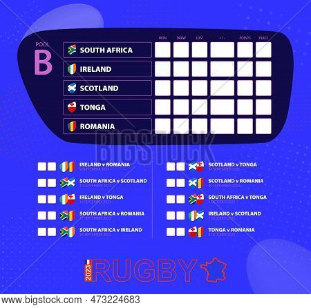 Rugby Cup 2023, Pool B Match Schedule. Flags Of South Africa, Ireland, Scotland, Tonga, Romania. Tem