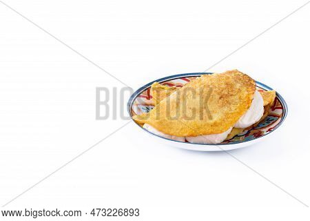 Traditional Venezuelan Beef Cachapa Isolated On White Background. Copy Space