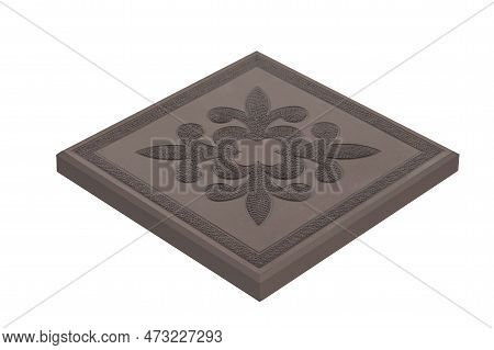 Building Concepts. Brownish Floral Square Pavement Road Stone Tile Sample Isolated Over White.