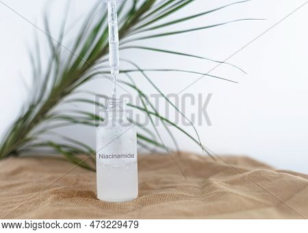 Niacinamide. Girl Applies Vitamin B3 To Her Face. Laboratory Research. Skincare. Dermatological Seru