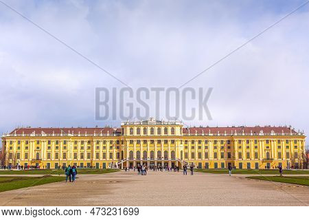 Vienna, Austia - April 3, 2015: Schonbrunn Palace Facade View, People And Cloudy Sky