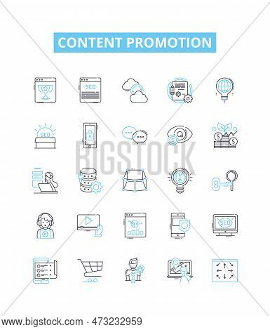 Content Promotion Vector Line Icons Set. Marketing, Advertising, Publicity, Networking, Distribution