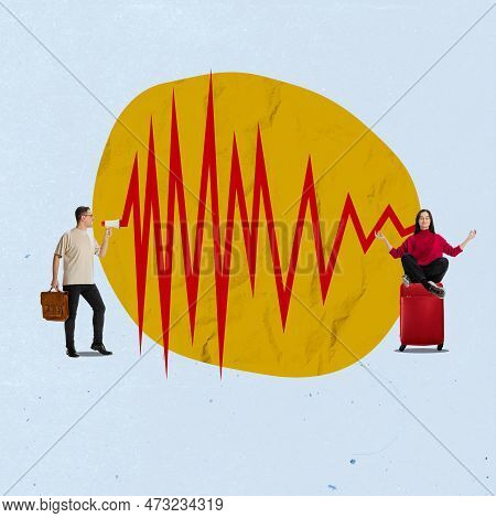 Keeping Calm At Work. Stressful Situation. Project Manager Shouting At Female Employee In Megaphone.