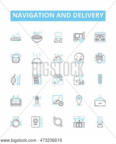 Navigation And Delivery Vector Line Icons Set. Navigation, Delivery, Tracking, Fleet, Logistics, Rou