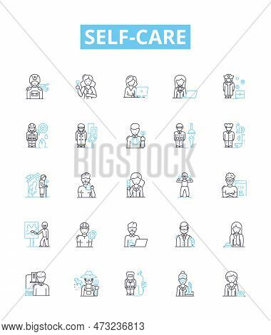 Self Care Vector Line Icons Set. Wellness, Hygiene, Exercise, Mindfulness, Meditation, Sleep, Nutrit