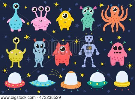 Funny Space Monsters Set. Aliens And Spaceships Isolated Elements Collection