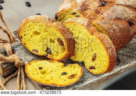 Sliced Turmeric Bread With Raisins. Healthy, Clean Eating. Healthy Food Concept. Place For Text, Top