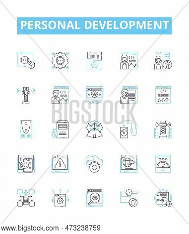 Personal Development Vector Line Icons Set. Motivation, Growth, Learning, Happiness, Reflection, Goa