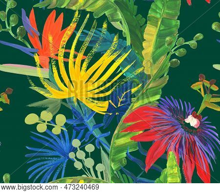 Bright Seamless Pattern With Multicolored Tropical Flowers And Leaves Painted In Drybrush Gouache Fo