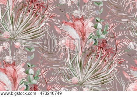 Seamless Pattern With Herbs And Palm Leaves And Pampas Grass For Textile