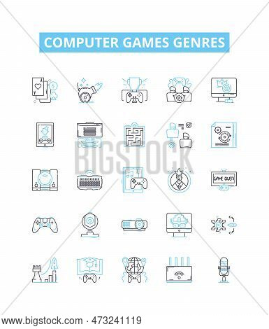 Computer Games Genres Vector Line Icons Set. Simulation, Shooter, Adventure, Puzzle, Strategy, Platf