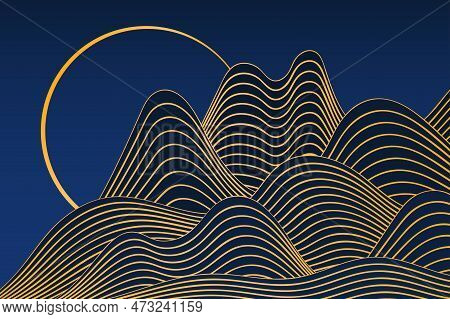Mountains Landscape, Moon, Waves Abstract Background. Asian Style Vector Illustration. Hand Drawn Li