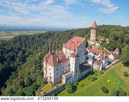 Aerial Shot Of Burg Clam In Austria In A Summer.