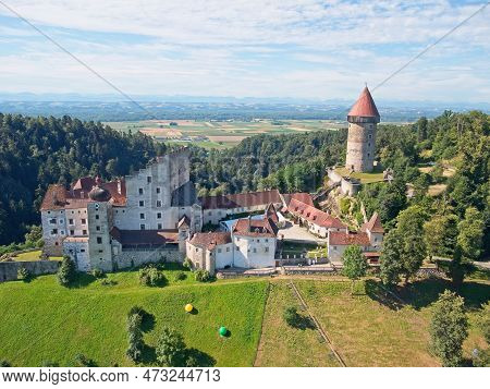 Aerial Shot Of Burg Clam In Austria In A Summer.