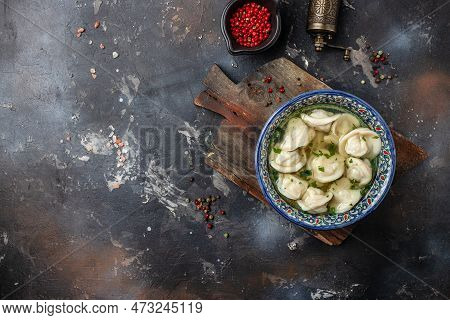 Dumplings In The Soup Chuchvara Banner, Menu, Recipe Place For Text, Top View. Uzbek Cuisine.