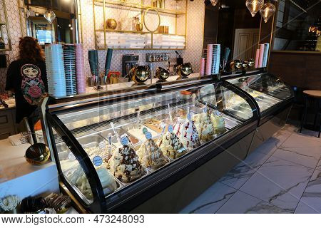 Tel Aviv, Israel - November 2, 2022: Golda Ice Cream Parlor In Tel Aviv, Israel. Golda Ice Cream Are