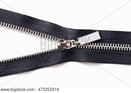 Metal Zipper Isolated On White. Tailoring Object. Clothing Part Element. Object Cutout On White. Fas