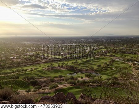 View Of Beautiful Golf Course From Camelback Mountain In Phoenix