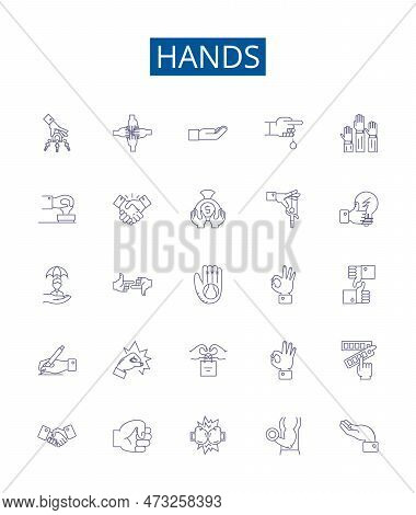 Hands Line Icons Signs Set. Design Collection Of Palms, Clenched, Reach, Squeeze, Shake, Grasp, Fing