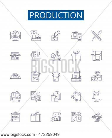 Production Line Icons Signs Set. Design Collection Of Producing, Manufacturing, Output, Generating, 