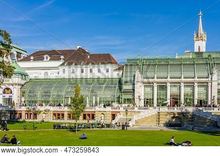 Vienna, Austria - October 2021: People Relaxing In Burggarten Park At Butterfly House