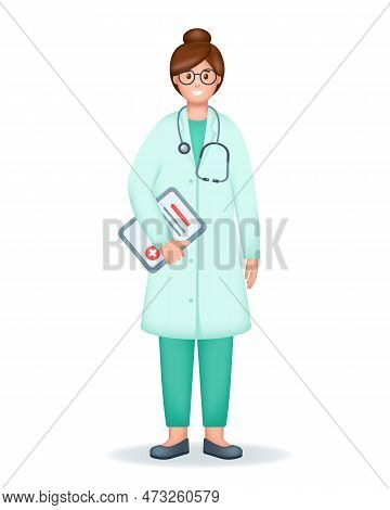 Smiling Young Woman Doctor In Uniform With Stethoscope And Medical Documents. Healthcare And Medicin