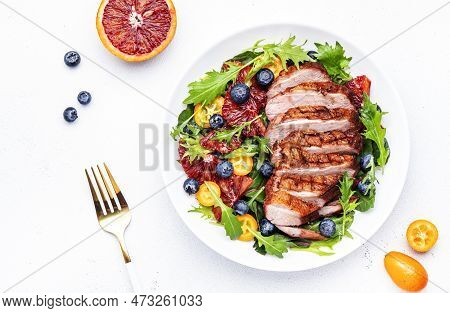 Duck Slices Salad With Grilled Breast And Bloody Orange, Kumquat, Blueberry And Chard, Frisse, Mizun