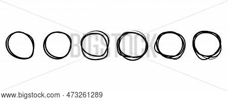 Grunge Circle Pencil-pen. Vector Isolated Web Elements. Set Of Drawn Ink Circles. Black Abstract Gru