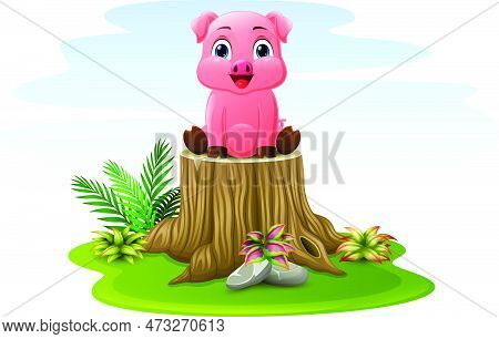 Vector Illustration Of Cartoon Little Pig Sitting On Tree Stump