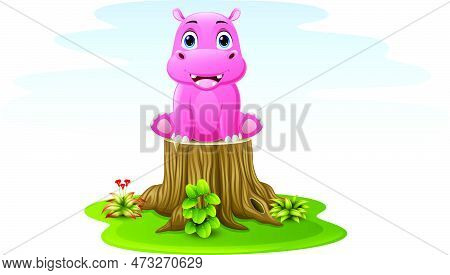 Vector Illustration Of Cartoon Baby Hippo Sitting On Tree Stump