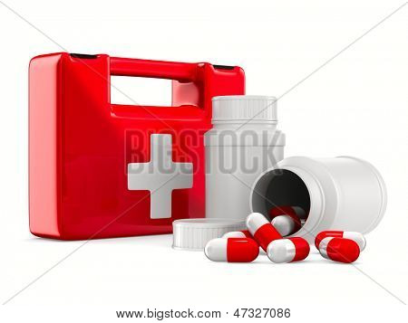 Kit di primo soccorso su sfondo bianco. Immagine 3D isolato