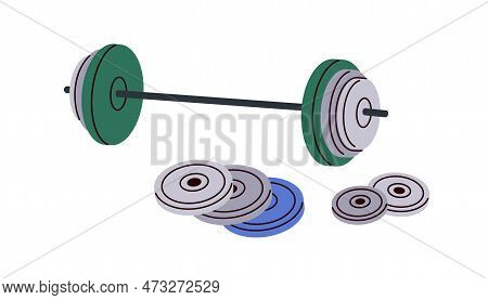 Heavy Discs On Barbell. Hard Disks, Plates On Bar. Weights, Gym Equipment For Strength Workout, Powe
