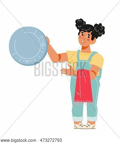 Girl Helps Her Parents Around The House And Washes The Dishes, Flat Cartoon Vector Illustration On A
