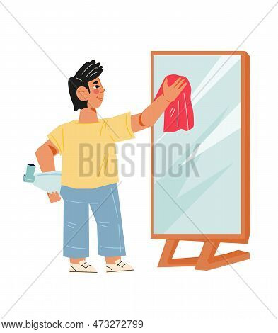 Child Cleans The Mirror And Cleans The House. Boy Helps Around The House. Teaching Children About Ho