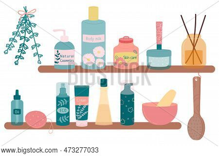 A Set Of Elements For Spa And Bathroom - A Glass Bottle With Incense Sticks, Oil, Mortar And Pestle,