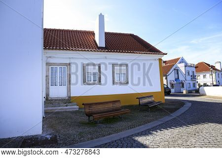 Alcochete, Lisbon, Portugal- November 21, 2022: Typical Facades And Narrow Streets In Alcochete Town