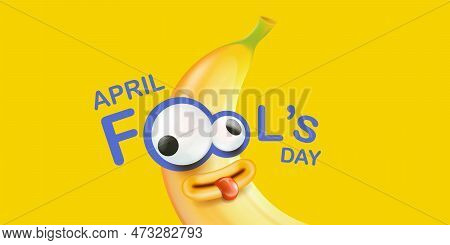 April Fools Day Funky Horizontal Banner With Silly Orange Banana Character Isolated On Yellow Backgr