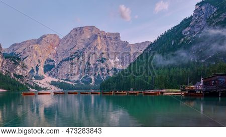 Lago Di Braies Braies Lake, Pragser Wildsee At Sunrise. Trentino Alto Adidge, Dolomites Mountains