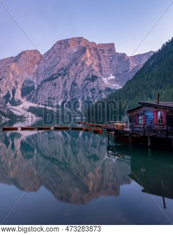 Lago Di Braies Braies Lake, Pragser Wildsee At Sunrise. Trentino Alto Adidge, Dolomites Mountains